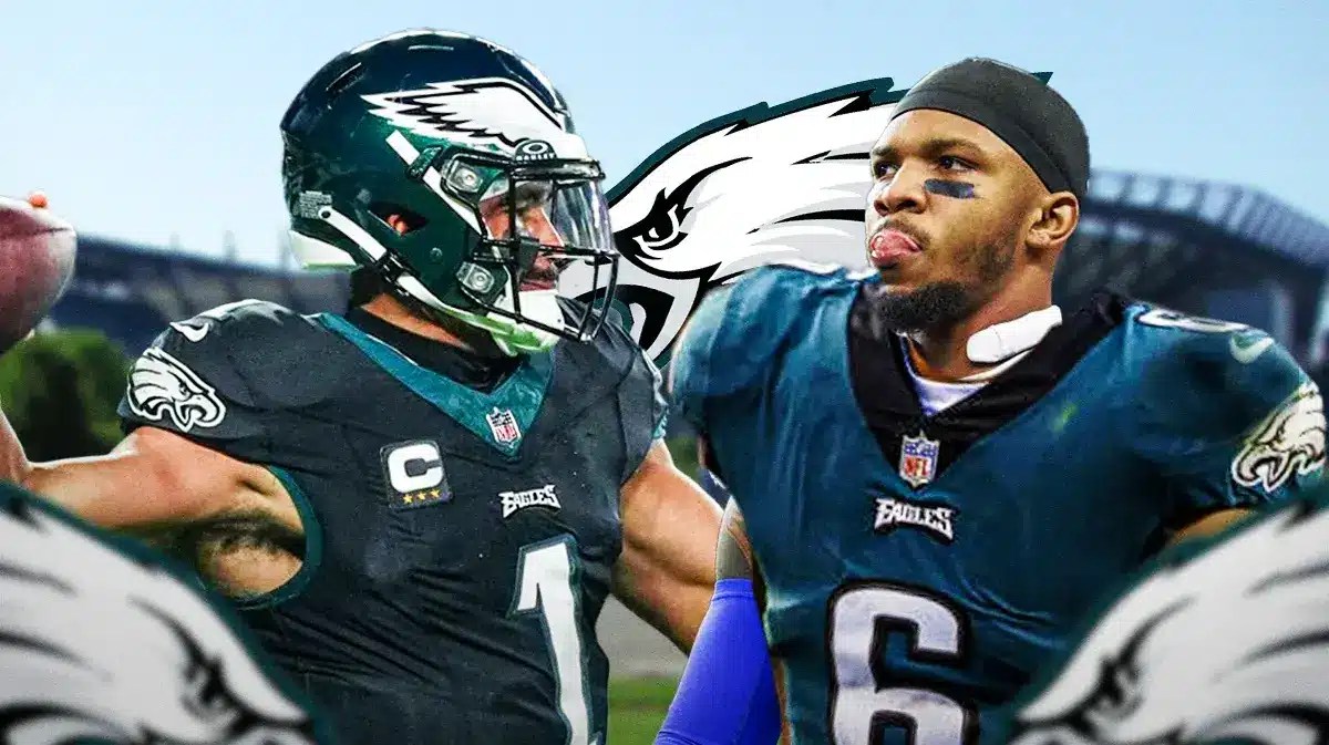 Eagles Jalen Hurts next to Tony Pollard wearing an Eagles jersey