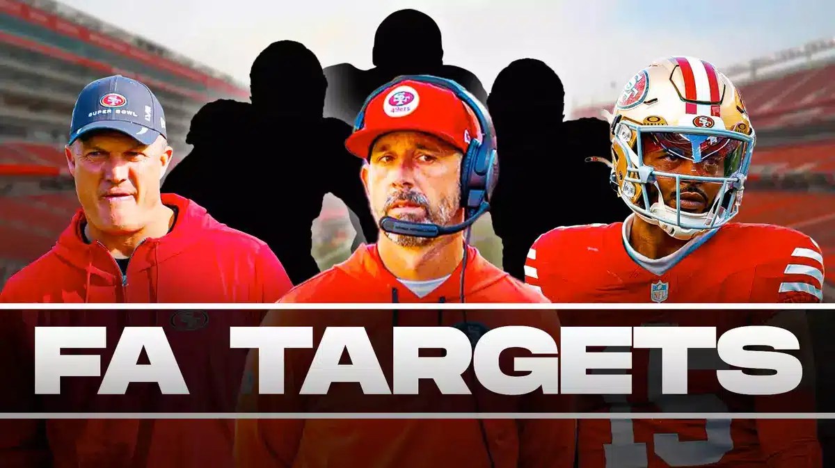 Kyle Shanahan, John Lynch, Jauan Jennings all beside each other, and San Francisco 49ers wallpaper in the background.