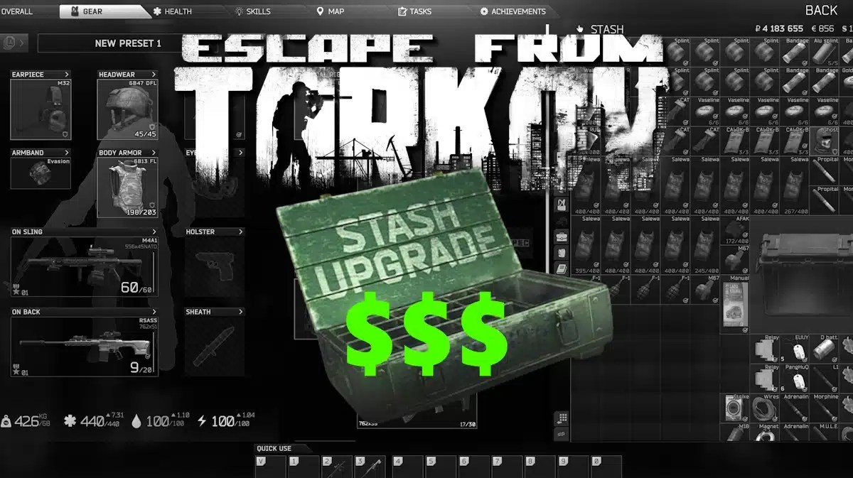 escape tarkov buy stash, escape tarkov stash upgrade, escape tarkov permanent stash, escape from tarkov stash, escape from tarkov, a grayscale image of a player stash with the escape from tarkov logo and the stash upgrade icon below it with green dollar signs