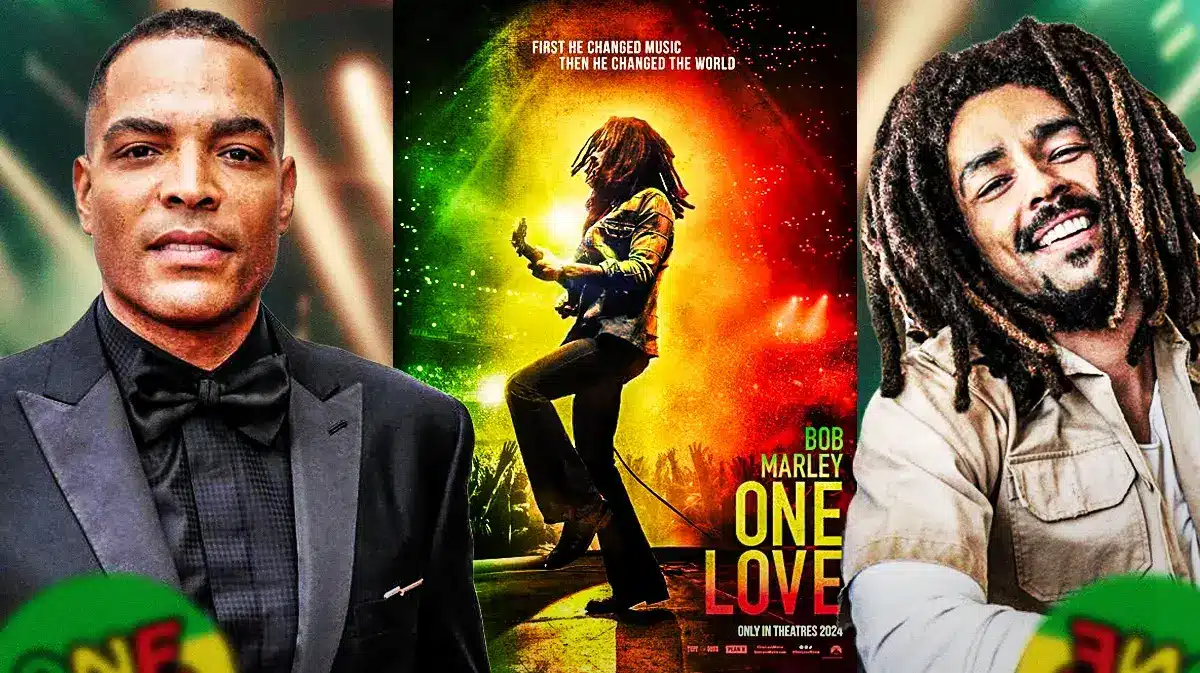 Reinaldo Marcus Green and Kingsley Ben-Adir as Bob Marley next to Bob Marley: One Love poster.