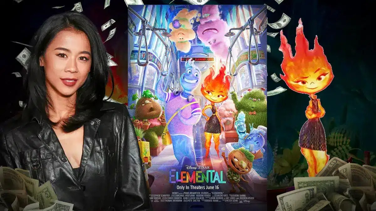 Leah Lewis and Ember next to Elemental poster.