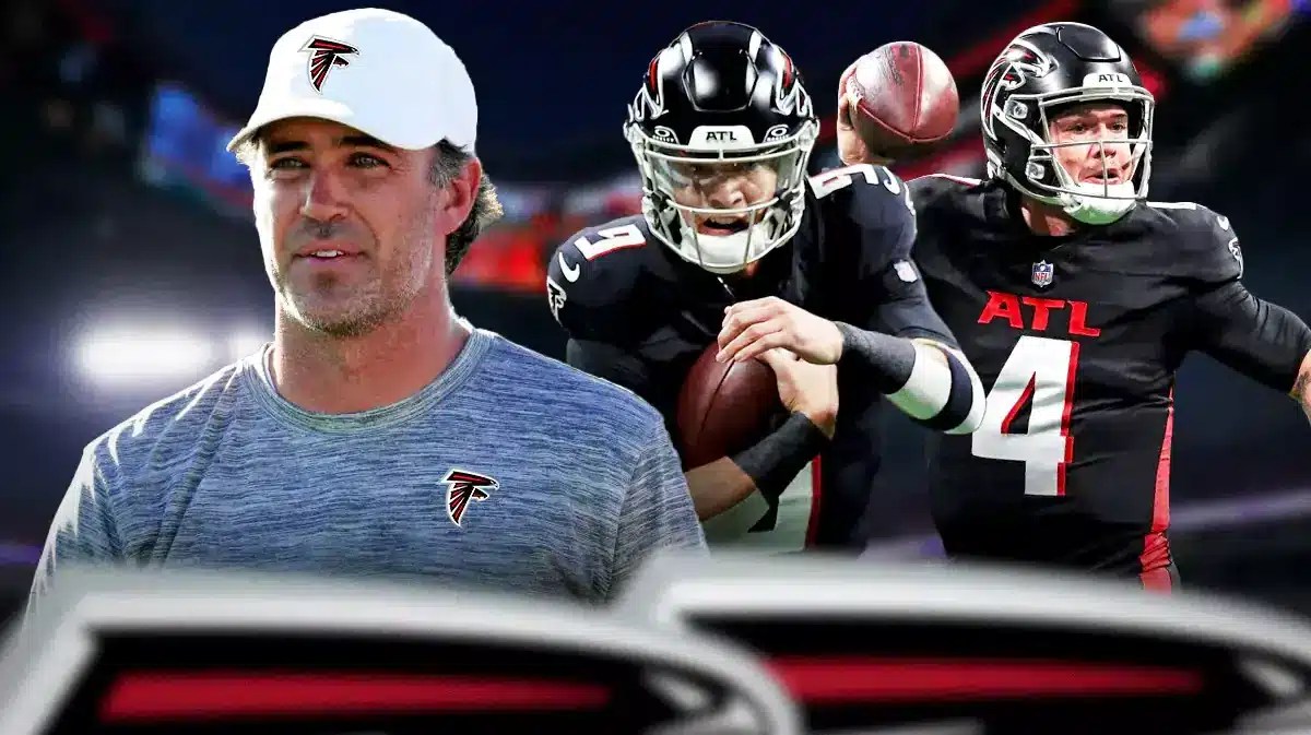 Zac Robinson (in Falcons gear if possible) looking sternly at Falcons QBs Taylor Heinicke and Desmond Ridder.