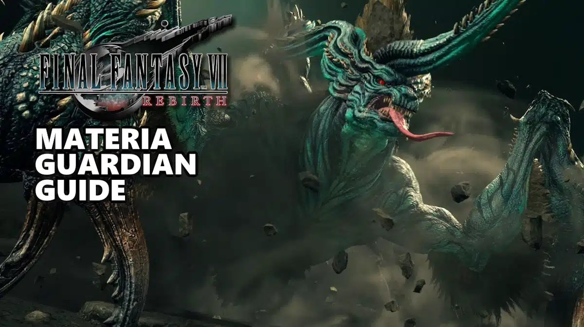 ff7 rebirth materia guardian, materia guardian rebirth, materia guardian guide, materia guardian, ff7 rebirth, an image of the materia guardian with the ff7 rebirth logo on the left side and the words materia guardian guide under it