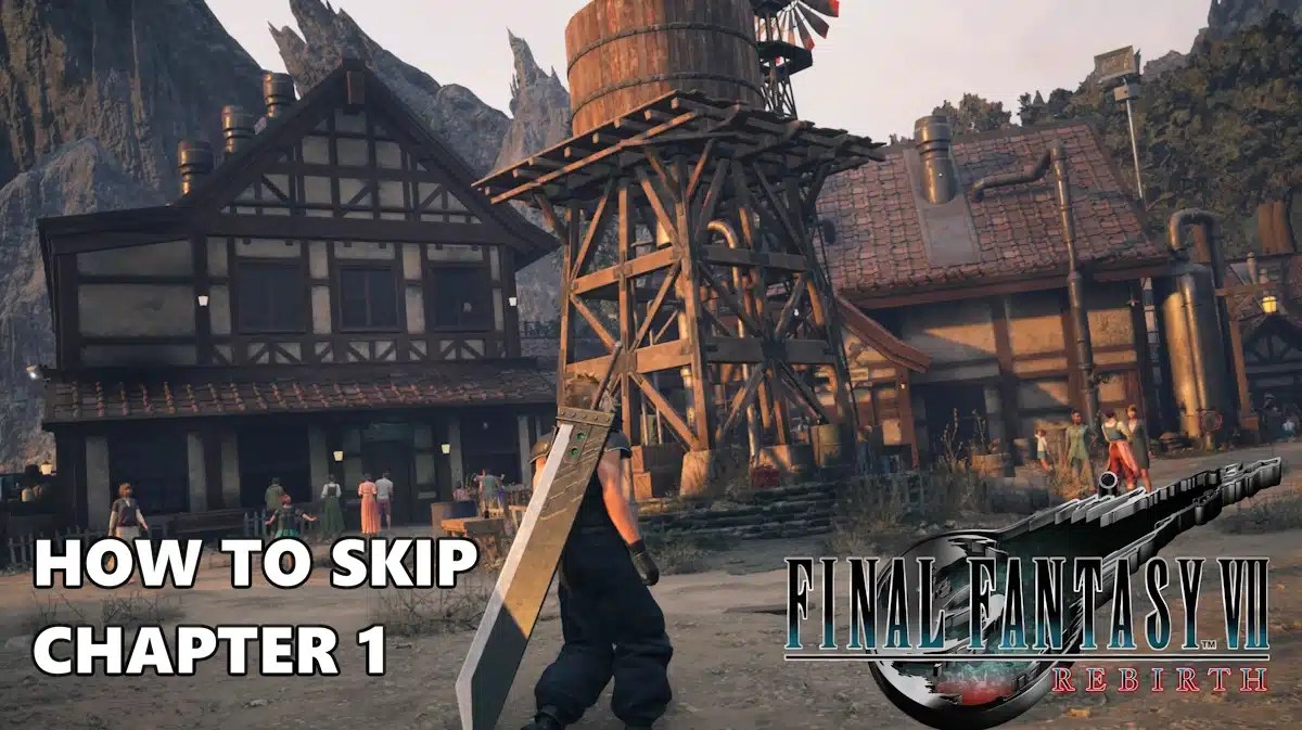 ff7 rebirth skip chapter 1, ff7 rebirth skip, ff7 rebirth chapter 1, ff7 rebirth, skip chapter 1 rebirth, a screenshotn of nibelheim with the ff7 rebirth logo in the lower right corner and the words how to skip chapter one on the lower left corner
