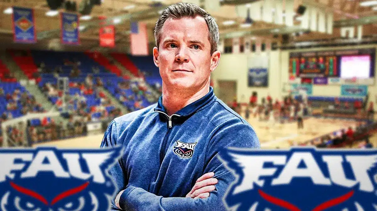 Florida Atlantic basketball, UAB basketball, Owls, Blazers, Dusty May, Dusty May with FAU basketball arena in the background