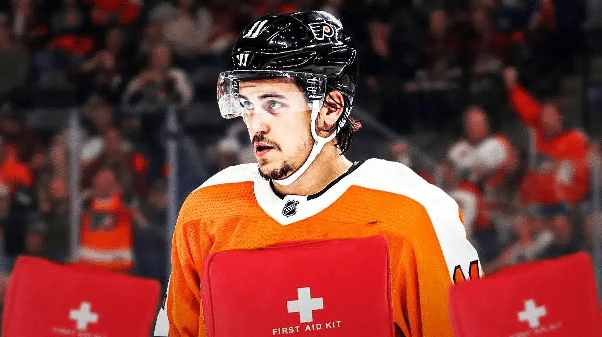 Flyers winger Travis Konecny with medical bags on him.