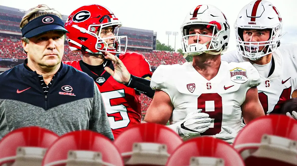 Stanford tight end Benjamin Yurosek looking at Georgia coach Kirby Smart and QB Carson Beck.
