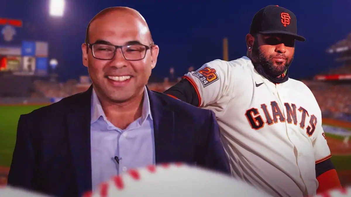 Farhan Zaidi laughing. Pablo Sandoval in a Giants uniform