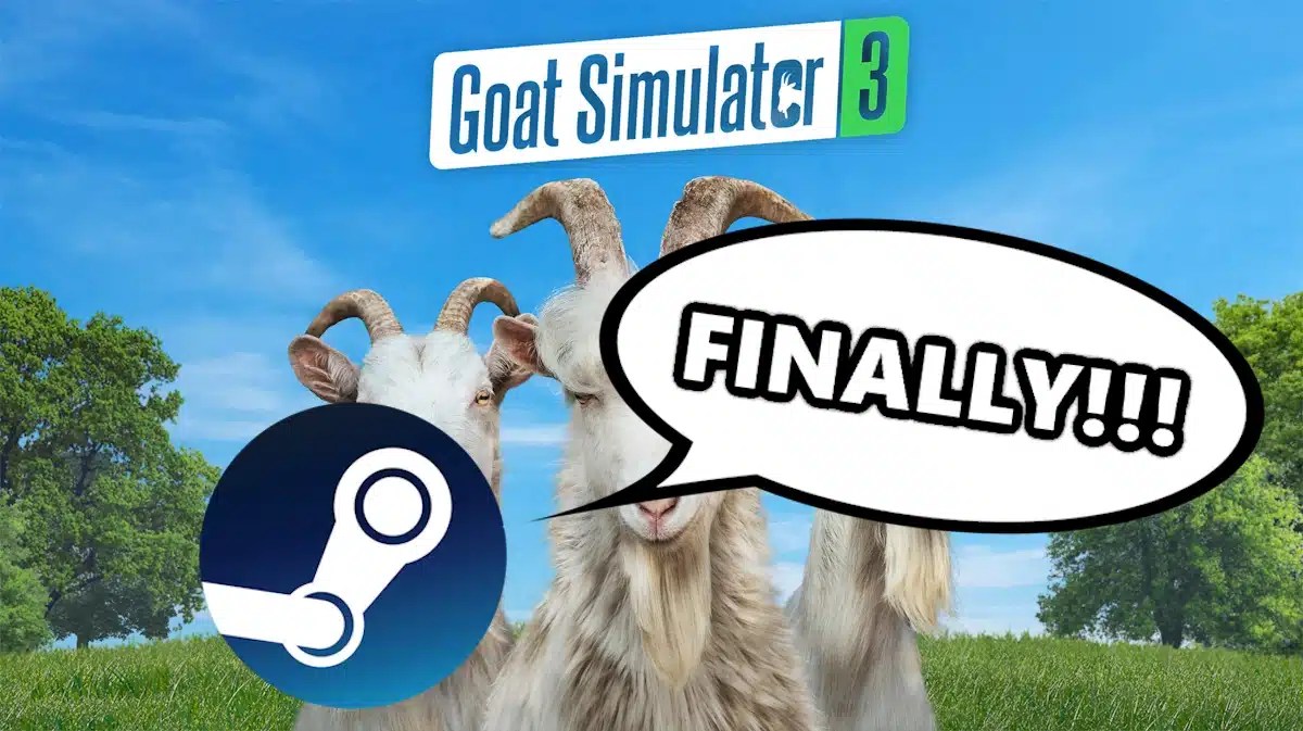 goat simulator 3 steam, goat simulator 3, goat simulator, goat simulator 3 release date, goat simulator 3 release, key art for Goat Simulator 3 with the steam logo and a speech bubble containing the words FINALLY on it