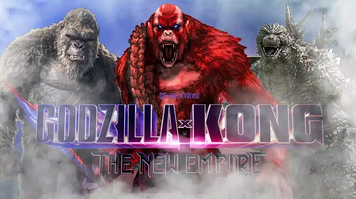 Kong, Scar King, and Godzilla with the Godzilla x Kong logo in the foreground