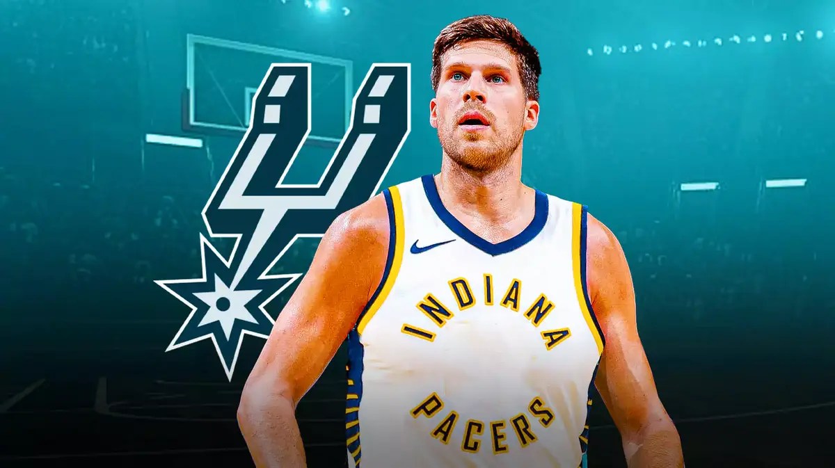Doug McDermott wearing a Pacers jersey next to a Spurs logo
