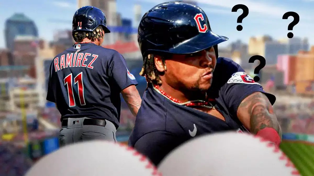 On left, Guardians' Jose Ramirez swinging a bat. On right, question mark. Progressive Field background.
