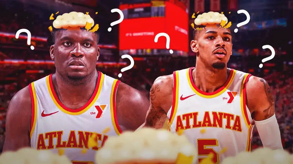 Hawks' Dejounte Murray and Clint Capela with mind-blown heads and several question marks in the background