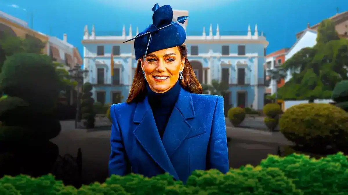 Kate Middleton and a mansion behind her