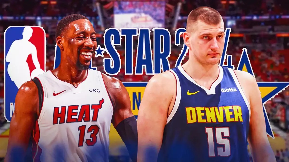 Bam Adebayo laughing. Nikola Jokic looking serious. NBA All-Star Game logo in background