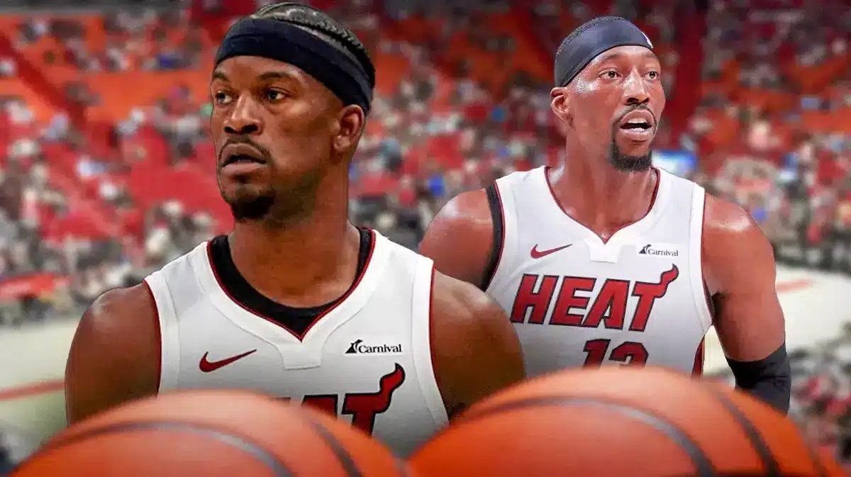 Miami Heat stars Jimmy Butler and Bam Adebayo in front of the Kaseya Center.