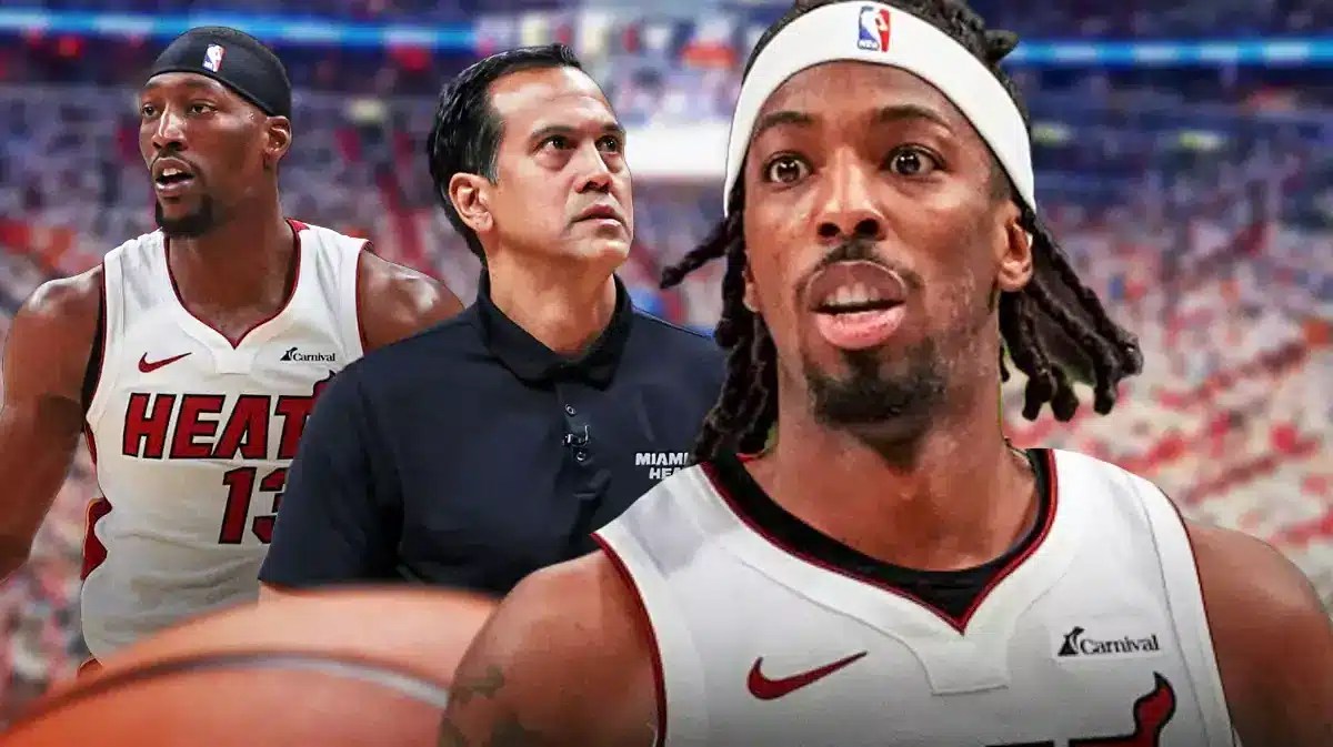Miami Heat stars Delon Wright, Bam Adebayo, and head coach Erik Spoelstra in front of the Kaseya Center.
