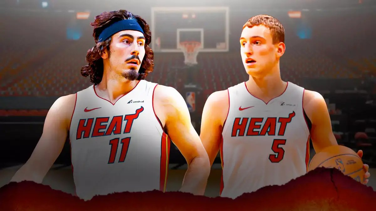 Miami Heat stars Jaime Jaquez Jr. and Nikola Jovic in front of the Kaseya Center.