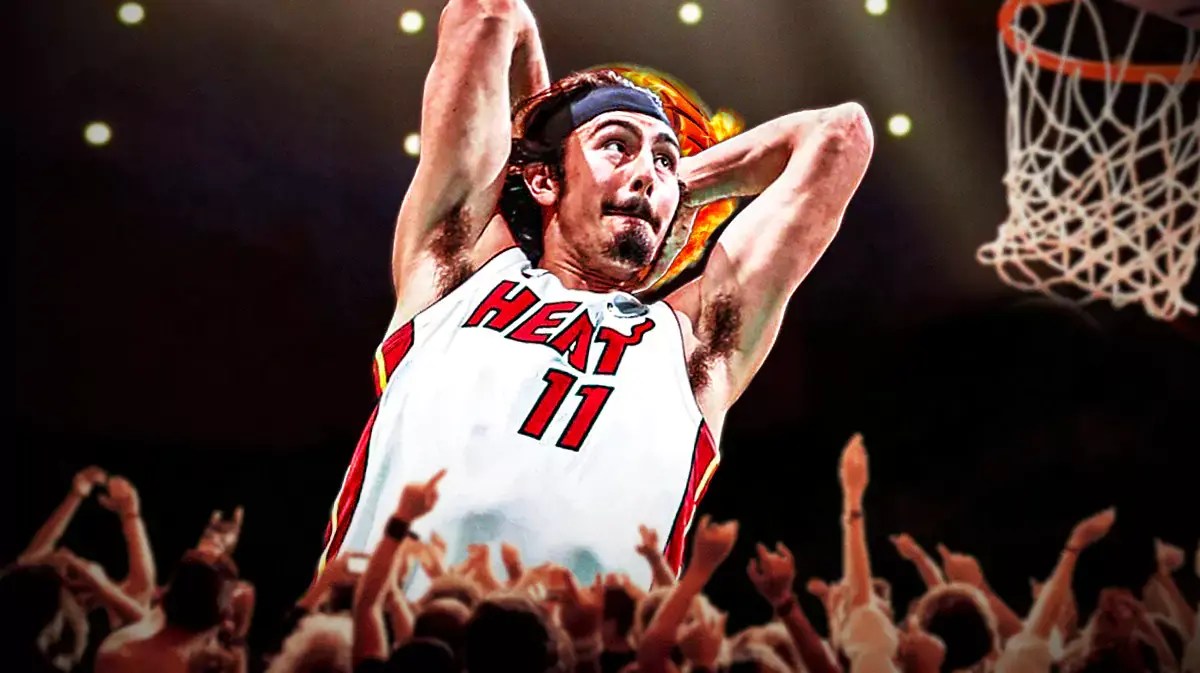Heat’s Jaime Jaquez Jr. dunking a basketball.