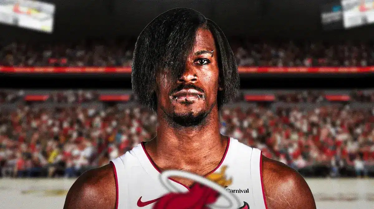 Miami Heat star Jimmy Butler in his "emo" haircut in front of the Kaseya Center.