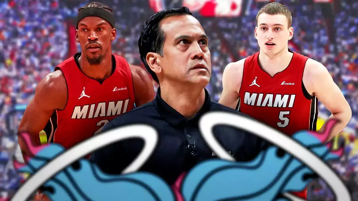Miami Heat head coach Erik Spoelstra in the middle of stars Jimmy Butler and Nikola Jovic in front of the Kaseya Center.