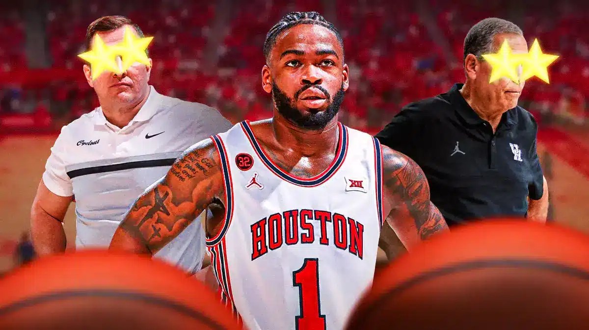 Houston player Jamal Shead with TJ Otzelberger and KElvin Sampson looking.