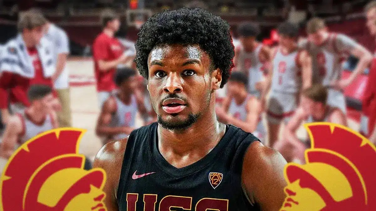 USC basketball player Bronny James, with Stanford players in the background.