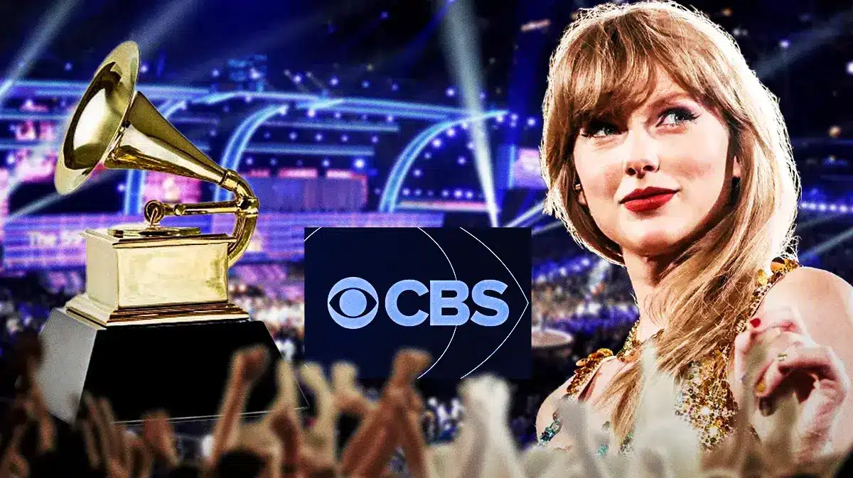 Taylor Swift with a Grammy and CBS logo.