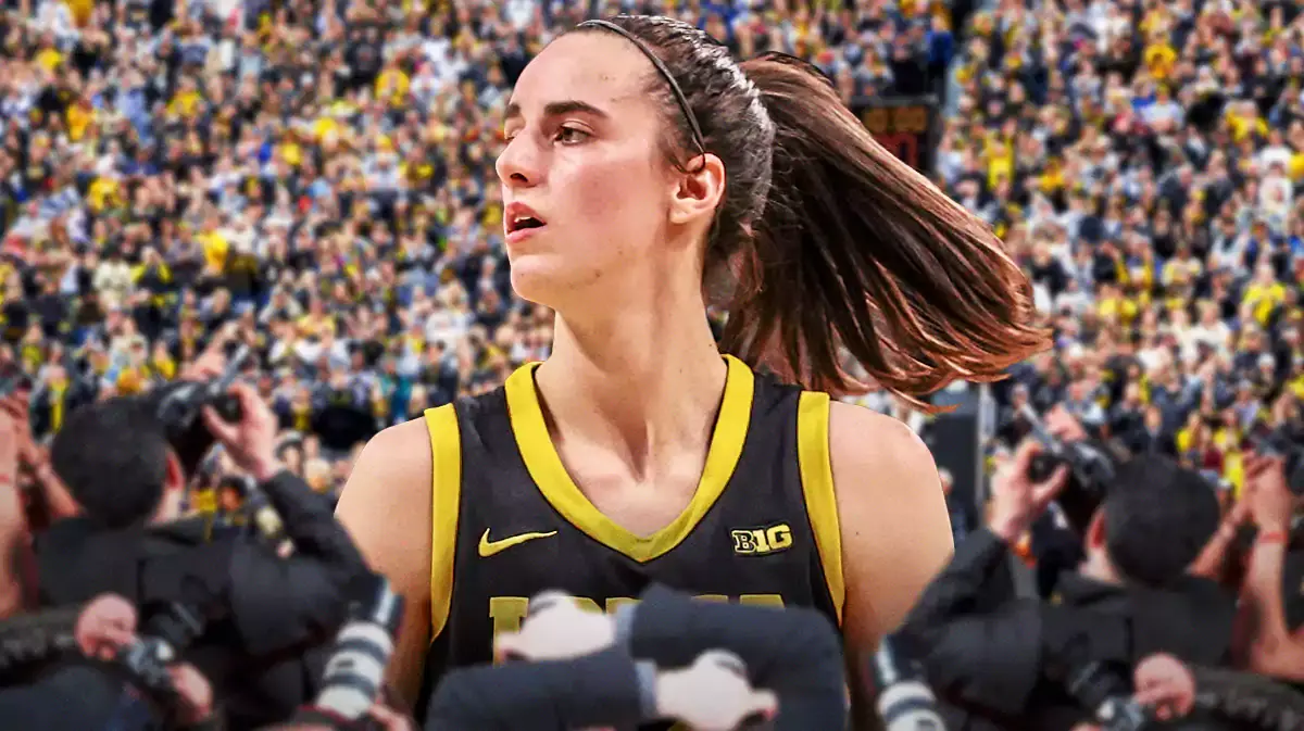 Iowa women’s basketball player Caitlin Clark, in her Iowa uniform, as if surrounded by cameras, paparazzis and a crowd