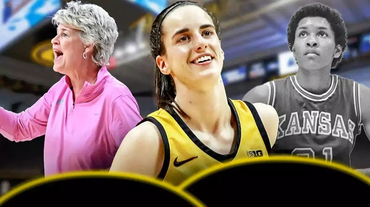 Iowa women's college basketball star Catlin Clark large and in the middle with her coach, Lisa Bluder (current day) on one side and Lynette Woodard in Kansas Jayhawks jersey on the other.