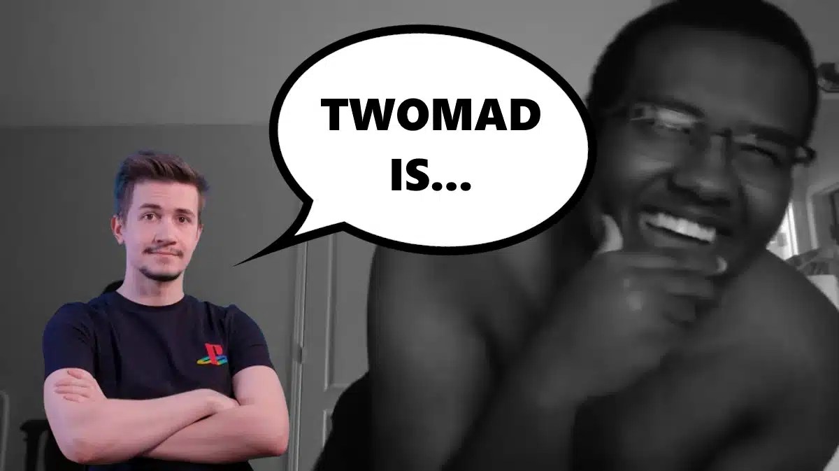 jameskii twomad, twomad pedophile, twomad rapist, twomad murder, twomad, a picture of jameskii in the foreground with a black and white picture of twomad in the background with a speech bubble that contains the text Twomad is...