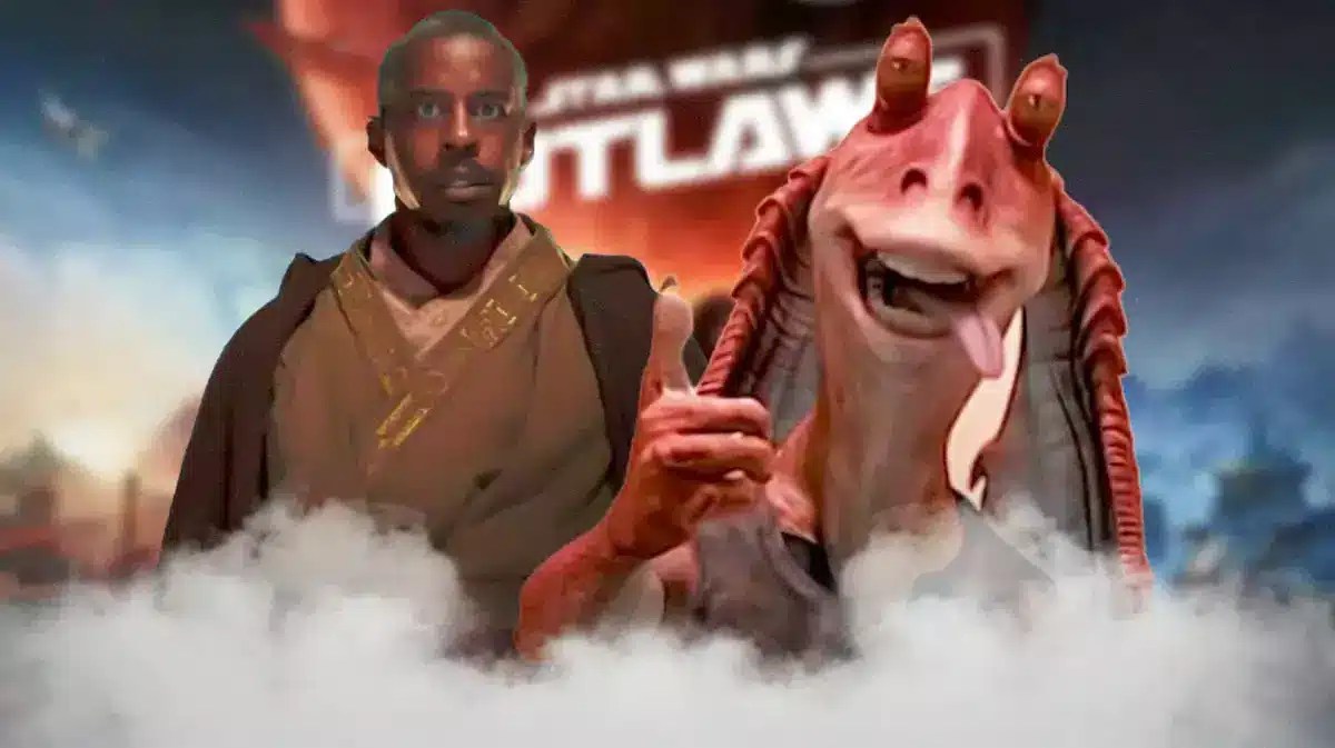 Ahmed Best next to Jar Jar Binks from Star Wars.