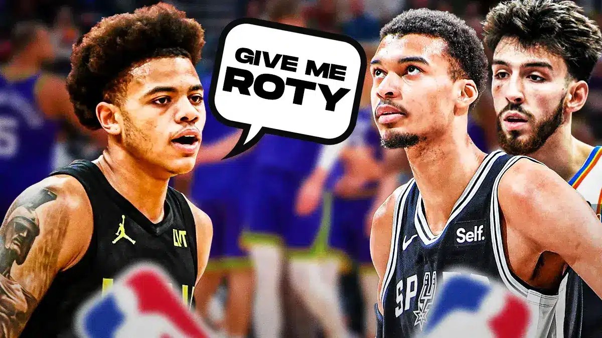 Jazz guard Keyonte George saying "Give me ROTY" next to Victor Wembanyama and Chet Holmgren