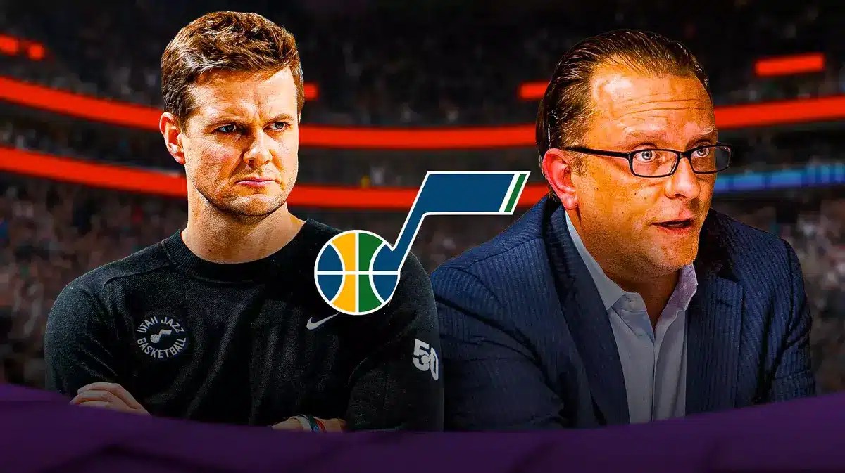 Will Hardy and Justin Zanik next to a Jazz logo at Delta Center
