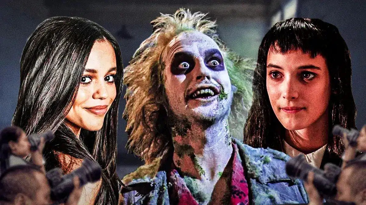 Jenna Ortega next to Beetlejuice and Lydia Deetz.