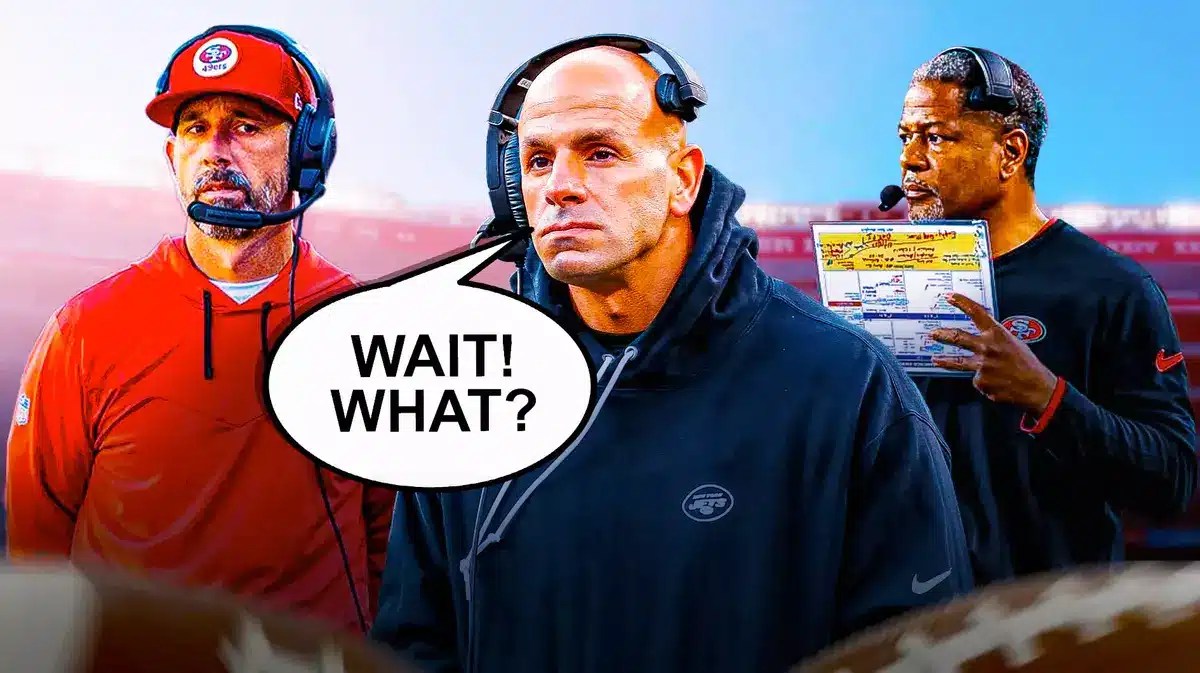 Robert Saleh front and center saying “Wait! What?” looking at Kyle Shanahan. In background is former 49ers defensive coordinator Steve Wilks.