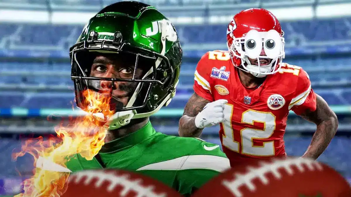 Sauce Gardner on one side breathing fire, Mecole Hardman on the other side with the big eyes emoji over his face