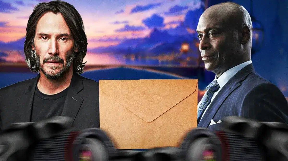 John Wick stars Keanu Reeves and Lance Reddick with envelope.