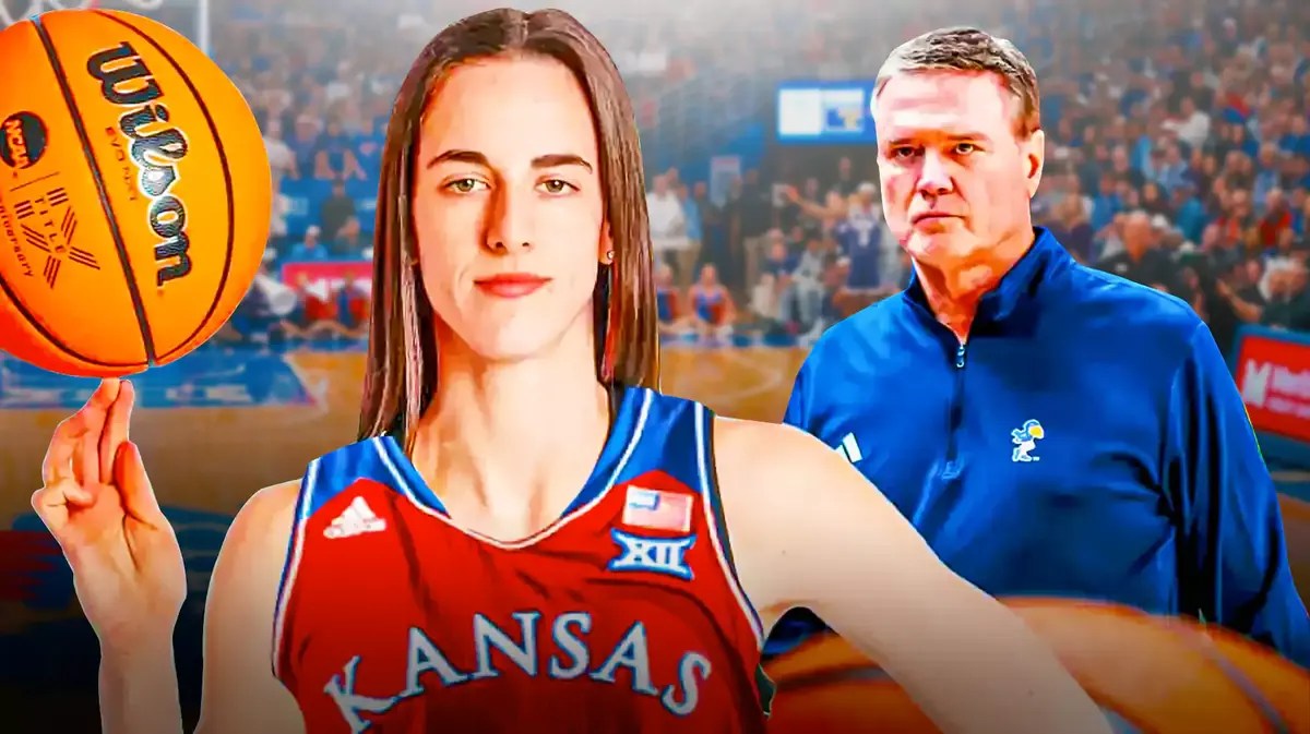 Kansas coach Bill Self and Caitlin Clark. Clark wearing a Kansas uniform