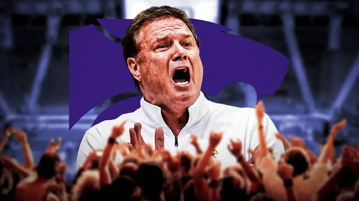 Kansas basketball, Kansas State basketball, Wildcats, Jayhawks, Bill Self, Bill Self with Kansas State basketball arena in the background