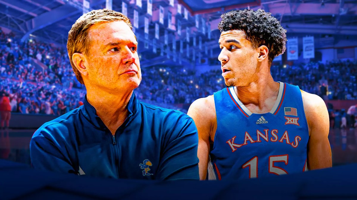Kansas basketball, Jayhawks, Kevin McCullar Jr., Bill Self, Oklahoma basketball, Bill Self and Kevin McCullar Jr. with Kansas basketball arena in the background