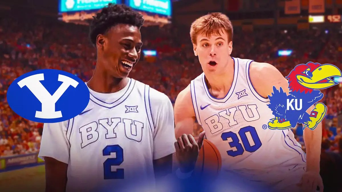Dallin Hall and Jaxon Robinson in BYU basketball jerseys. BYU Cougars, BYU basketball, Kansas Jayhawks, Kansa basketball, Allen Fieldhouse