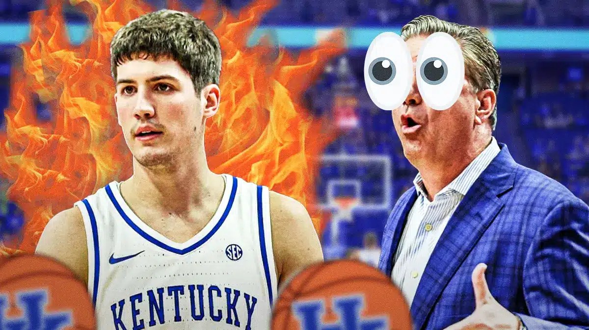 Kentucky's Reed Sheppard in flames, John Calipari looking at him with big bulging cartoon eyes
