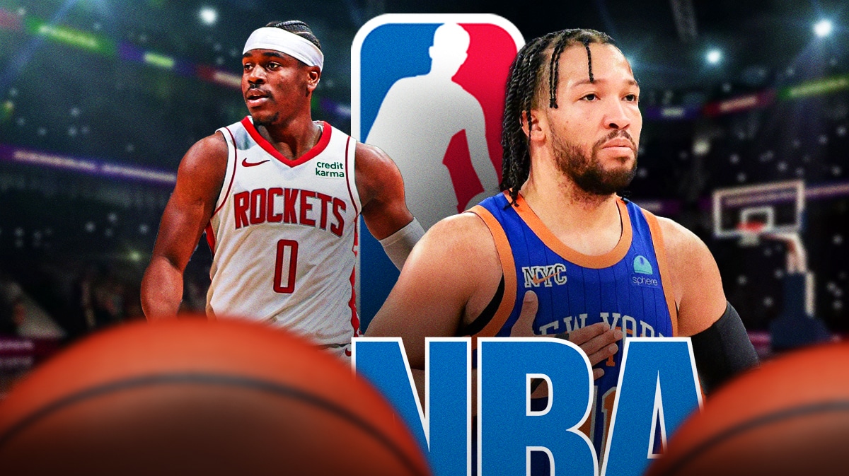 Knicks' Jalen Brunson and Rockets' Aaron Holiday with NBA logo
