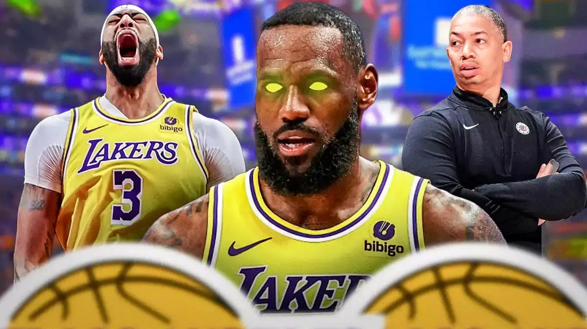 Anthony Davis looking at LeBron James and Clippers coach Ty Lue looking at leBron.