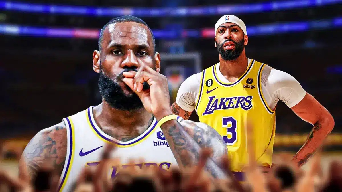 Lakers' LeBron James on left, Lakers' Anthony Davis on right.