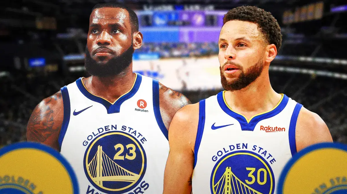 Stephen Curry, LeBron James, both in Warriors uniforms