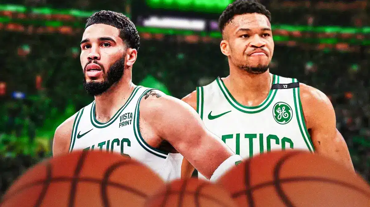 Jayson Tatum, Giannis Antetokounmpo both in Celtics uniforms.