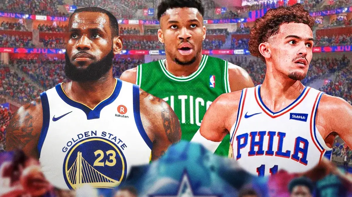 LeBron James in a Warriors jersey, Giannis Antetokounmpo in a Celtics jersey, Trae Young in a 76ers jersey.
