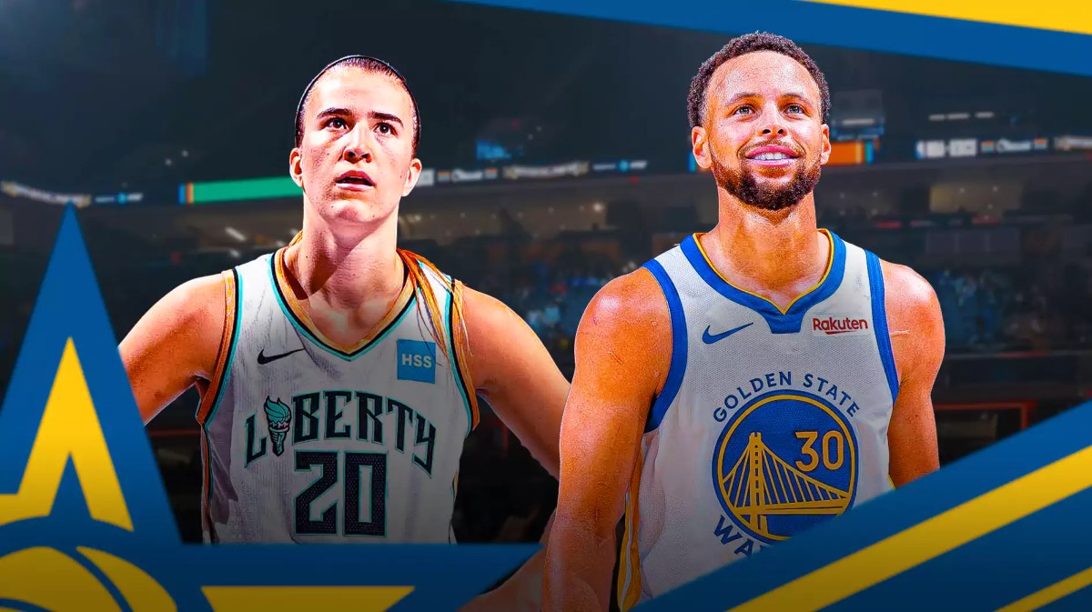 Liberty, Warriors, Steph Curry, Sabrina Ionescu, Sabrina Ionescu Steph Curry, Sabrina Ionescu and Steph Curry with All-Star court in the background